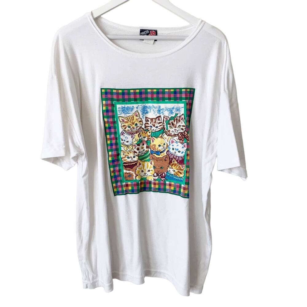 Vintage Press Nine Cat Shirt Size 2X White USA Grandmacore Twee Cottagecore